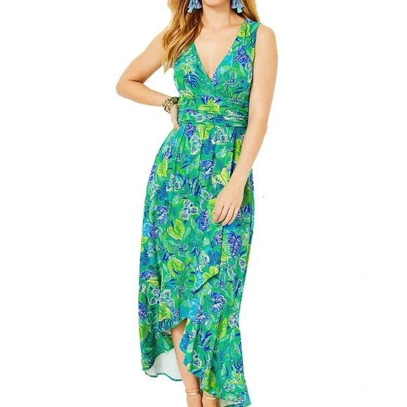 Womens Dresses Lilly Pulitzer Moana Wrap Maxi Dress in Botanical Green in A Flutter, Size S